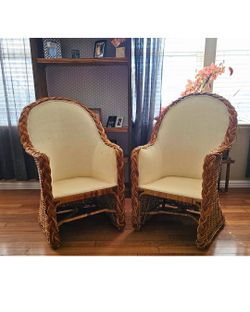 Wicker Rattan Arm Chairs with upholstered Cushions – Set of 2