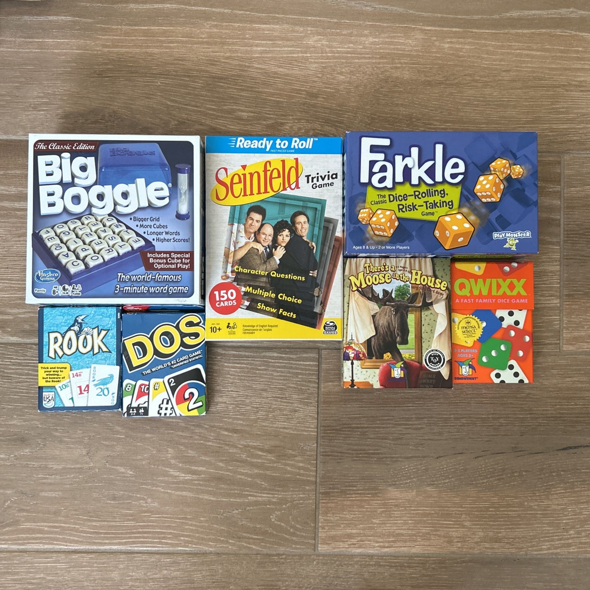 Lot Of 7 Games - Boggle, Farkle, Seinfeld Trivia, Dos, Rook, Qwixx, Mose In The House