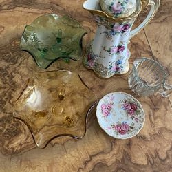 Vintage Mixed Decor Lot – Teapot, Glass Bowls & Dish Set