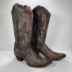 Tanner Mark Brown Leather Embroidered Snip Toe Western Cowgirl Boots Size 10