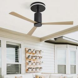 52 Inch Flush Mount Ceiling Fan with Light, 3 Blade Modern Ceiling Fan with Remote Control, for Patio Living Room Bedroom Office Indoor Outdoor, Quiet
