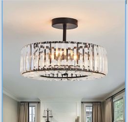 Piepooye 4 Lights Modern Crystal Chandelier Black Round Semi Flush Mount Ceiling Light Fixture Farmhouse Chandelier for Dinning Room Living Room Bedro