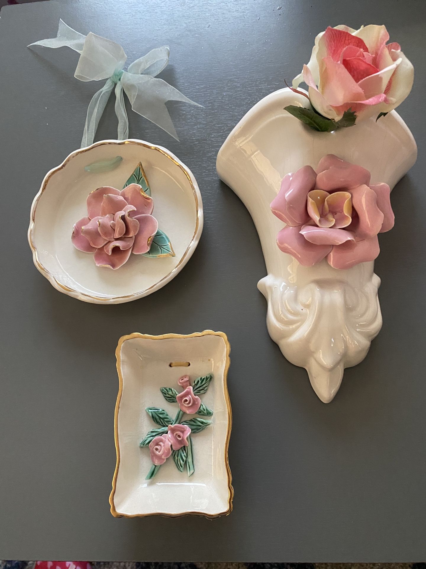 Trio Of white and pink porcelain 3-D set