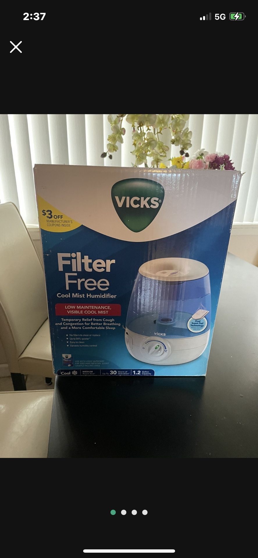 Filter Free Cool Mist Humidifier LOW MAINTENANCE, VISIBLE COOL MIST Temporary Relief from Cough and Congestion for Better Breathing and a More Comfort