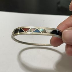 Vintage Silver Bangle Bracelet Abalone Shell Inlay Mexico