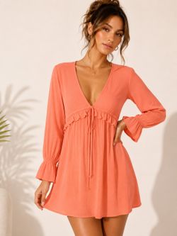 Women’s Boho Babydoll Dress – Coral V-Neck Casual Dress