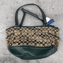 NWOT Coach Green Leather Tan Canvas Monogrammed Tote Bag