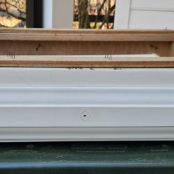 Wall mount side storage white drawer complete with tracks
Previously used as a desk in a kitchen. Solid thick Wood. 
Measures 32" x 22" x 6".