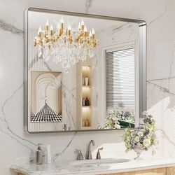 NIB 40X36 Inch Brushed Nickel Bathroom Mirror, Rounded Rectangle Silver Metal Frame Mirror, Brushed Nickel, Anti-Rust, Shatter Proof, Hangs Horizontal