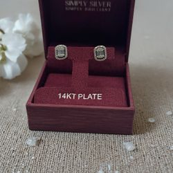 Simply Silver CZ 14k Plate Stud Butterfly Back Earrings Baguette & Round Cut