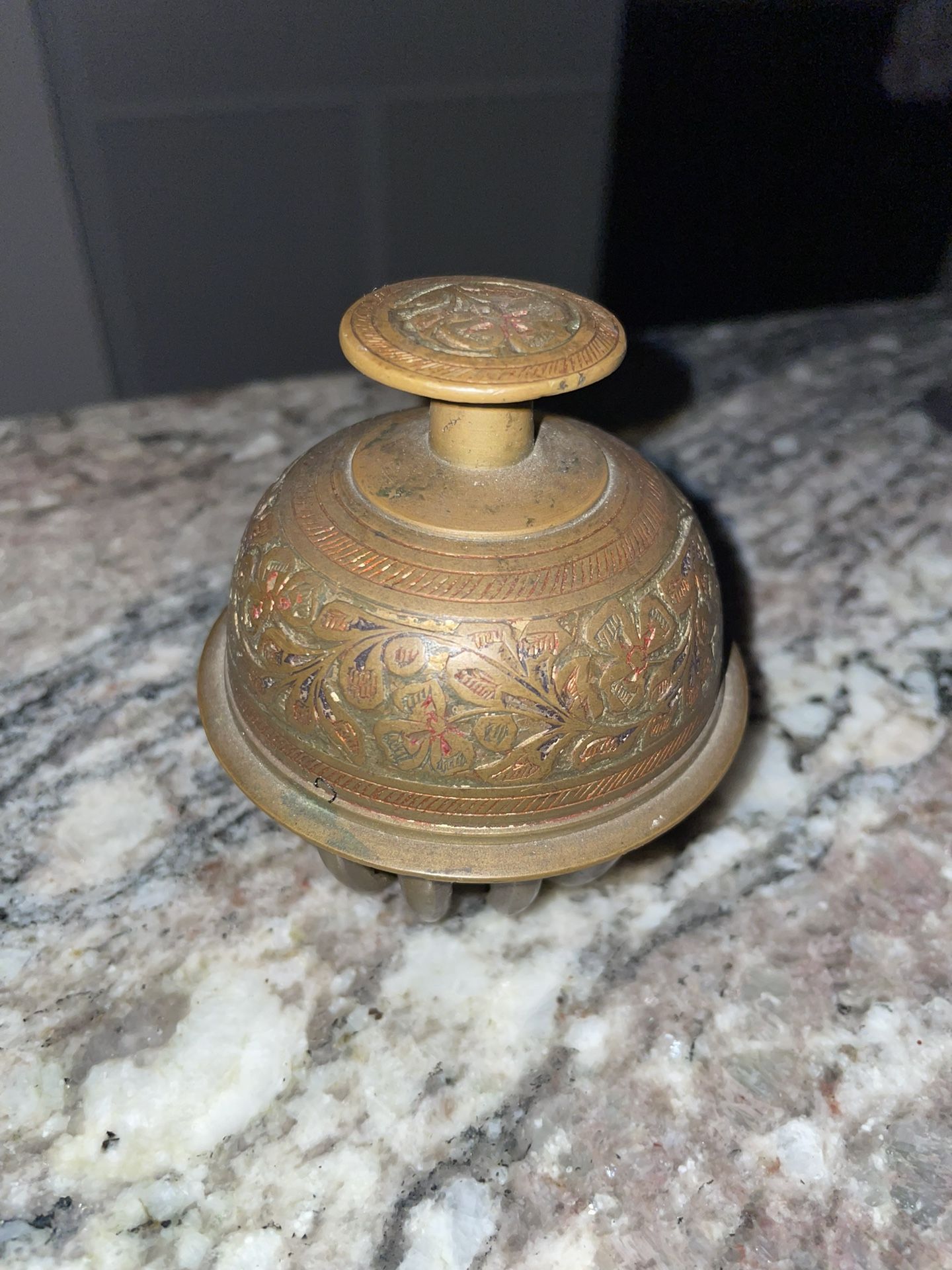 Antique Elephant, Bell With Colored Engraving In The Bell