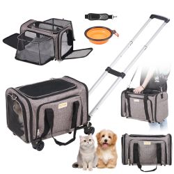 Cat Carrier with Wheels, Airline Approved Rolling Pet Carrier for Pets under 25 Ibs, Telescopic Handle & Shoulder Strap, with Folding Bowl