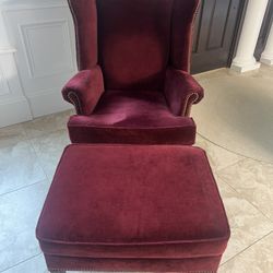 Pottery Barn Thatcher Upholstered Armchair & Ottoman. Polyester Wrapped Cushions, Vintage Velvet Claret.