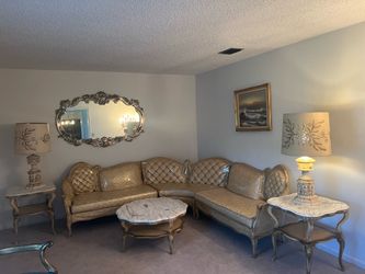 Mid Century Couch and three piece marble table set.