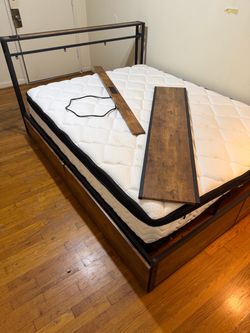 Plug-in queen size bed frame with storage with queen size mattress included