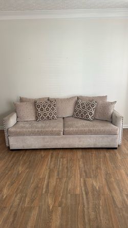 Beige Velvet Sofa with Nailhead Trim