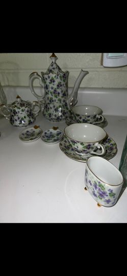 vintage Lefton china tea set in the Violet Chintz pattern