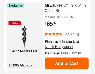 Milwaukee cable bit 3/4" by 54" with a 1/4" shaft