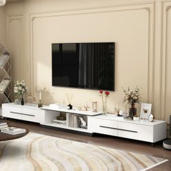 133.9" Modern White/Black TV Console Cabinet with Adjustable Length, Drawers and Legs