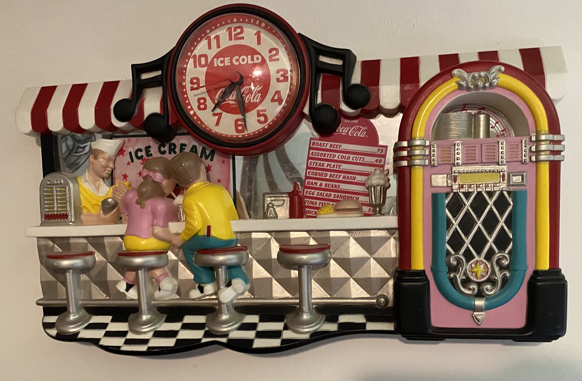 COCA-COLA Vintage 3D SODA FOUNTAIN/ICE CREAM PARLOR 1950'S SCENE WALL CLOCK