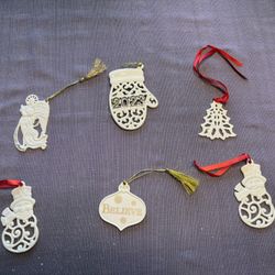Lenox Christmas Ornaments, lot of 6, new condition.  2 Pierced Snowman Charms, Vintage Peace Angel, A Year To Remember, Pierced Tree Charm, Believe Ch