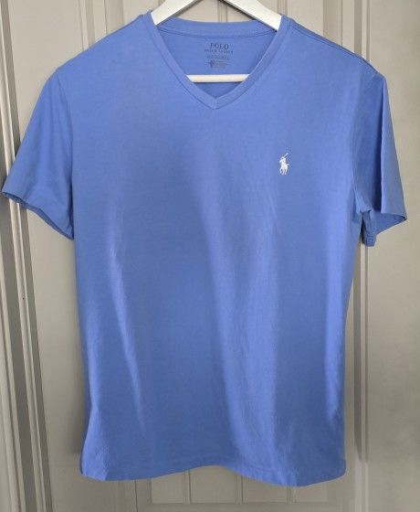 Polo Ralph Lauren Men's~Sky Blue/White Polo Player~Short-sleeve Classic Fit V Neck, (Small) T-Shirt