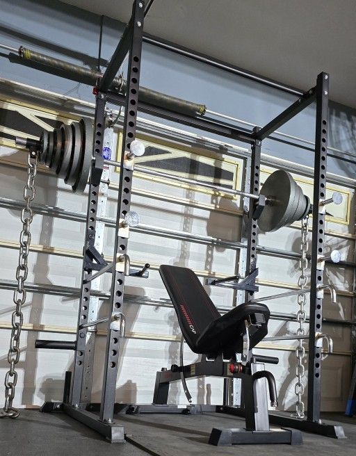 《 FREE 》SQUAT RACK + ADJUSTABLE BENCH + OLYMPIC WEIGHT PLATES + OLYMPIC BARBELL + WEIGHT TREE