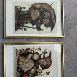 (2) Vintage M.J. Hummel print titled "Stormy Weather” and “The Little Chick Girl" West Germany 14”x10”