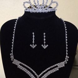 Wedding Party Prom Crystal Necklace Earrings Tiara jewelry set