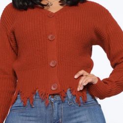 Rust Distressed Hem Knit Button-Up Cardigan