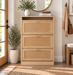 Entryway Natural Rattan Shoe Storage Cabinet
