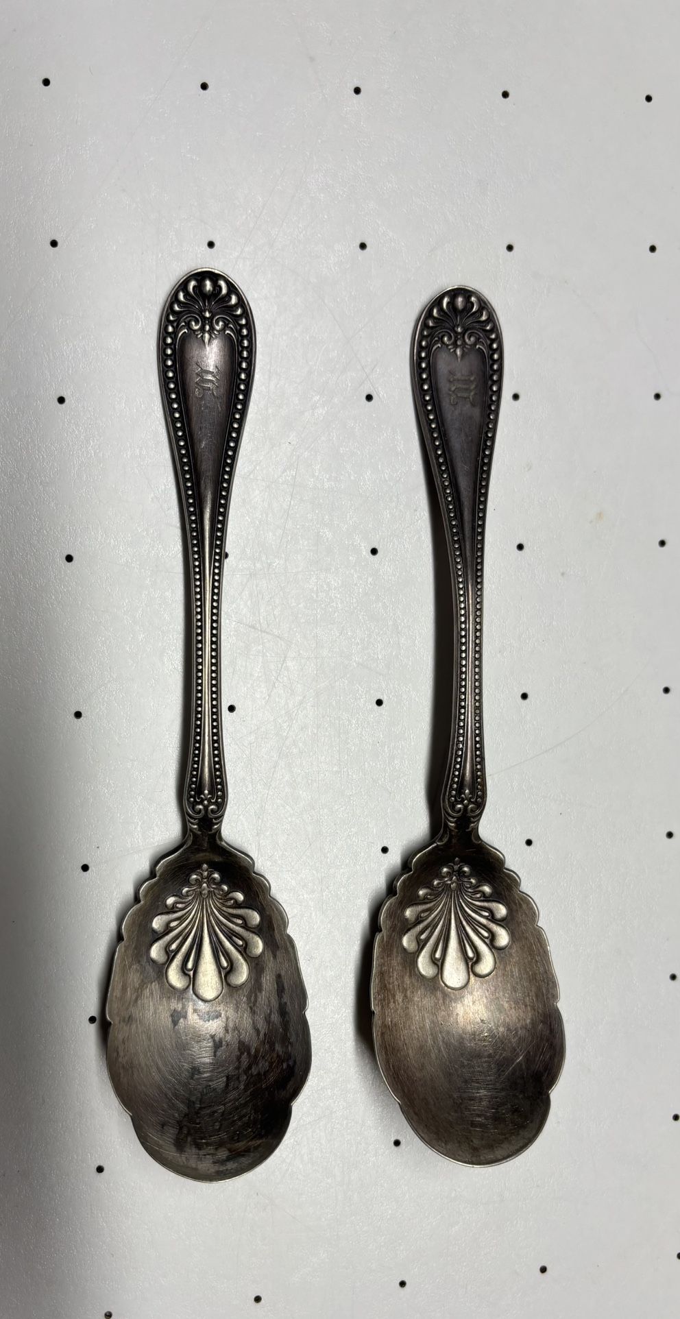 2 Monogram Sugar Shell Spoons by R Wallace - A1 Silverplate, 1899