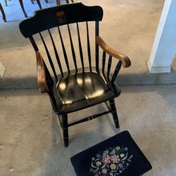 solid wood chair. Foot stool/ottoman, hand stitched, floral design covering. Chair width 20” x 18” seat measures  Height 18” floor to seat  36” total 
