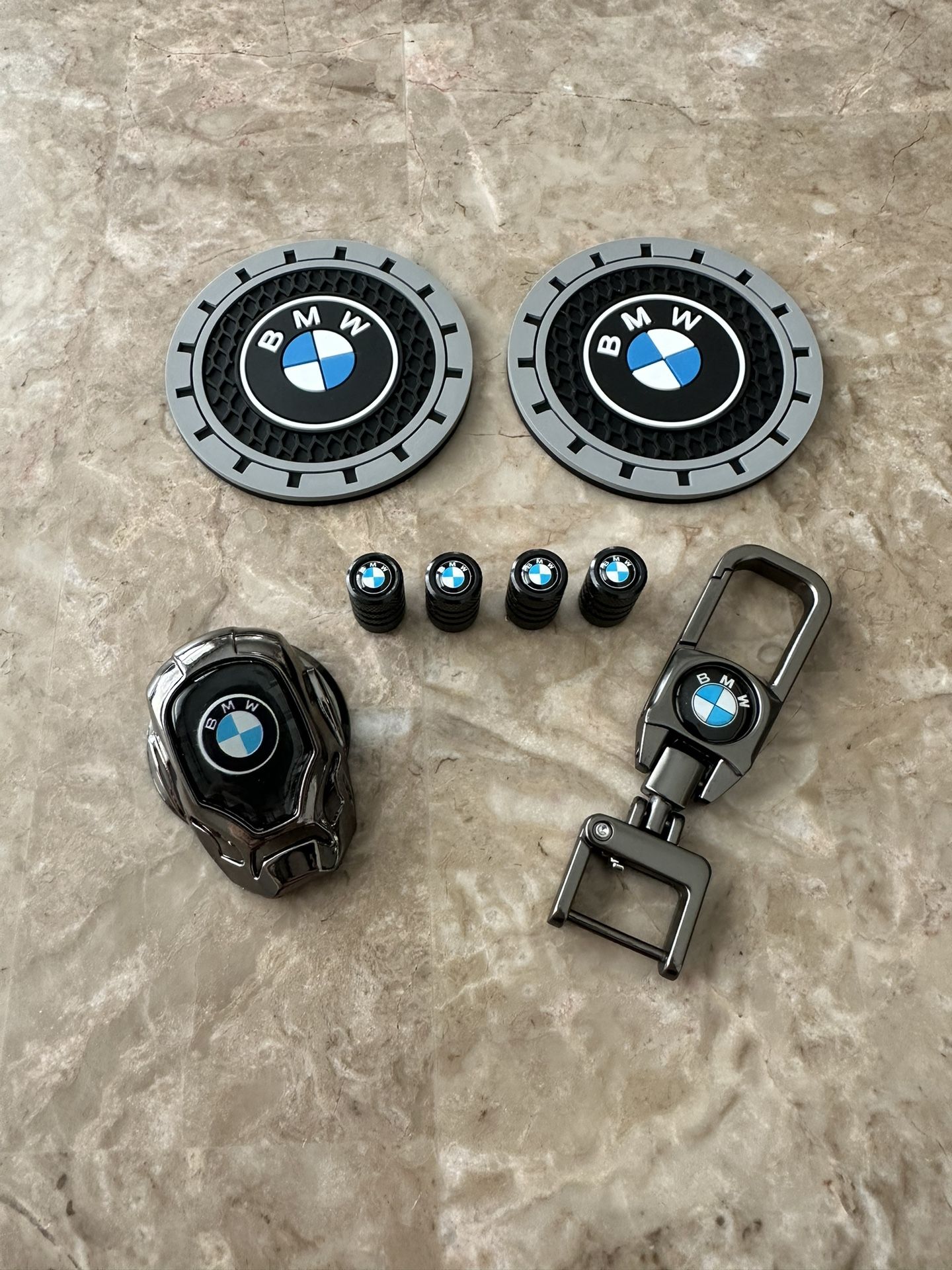 accessories set for BMW New Genuine leather keychain , tire valve stem caps, cup coasters and BMW Car Engine Metal Push Button Start Cover.