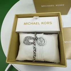 Michael Kors 8 Inch Silver Tone Over Brass Crystal Lock Charm Bracelet NWT