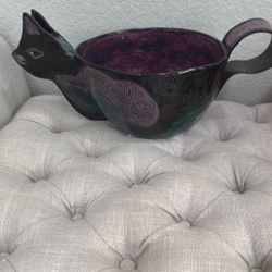 Large Art Cat Shaped Bowl Pottery W/ Handle 15” Whimsical Black Purple Unique