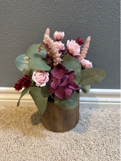 Faux Floral Arrangement in Wooden Vase