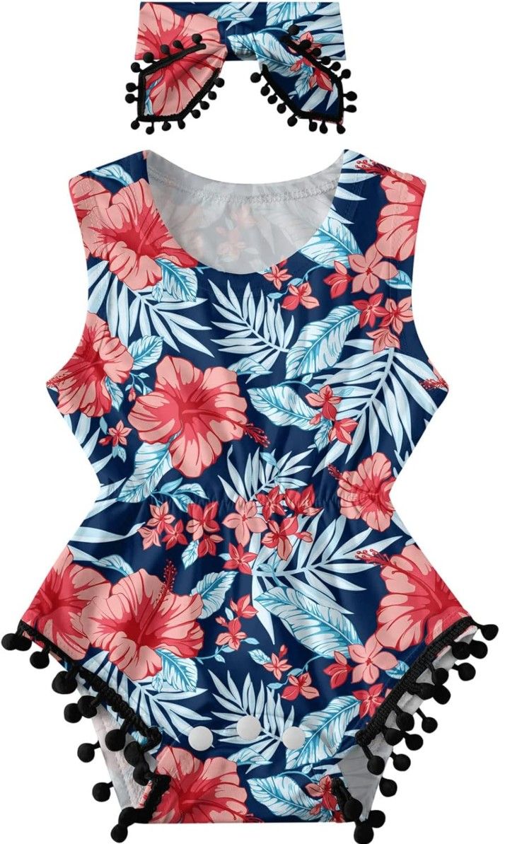 Tropical Summer Girl Romper with Matching Headband – 6–9 Months – Worn Once