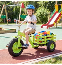 BABY JOY Kids Tricycle with Storage Basket, 15-Inch Front Wheel Trike w/Carbon Steel Frame, Inflatable Rubber Tires, Adjustable Handlebar & Seat, Ride