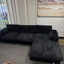 New 113" Black Corduroy Fabric Sectional Sofa L-Shape Sofa