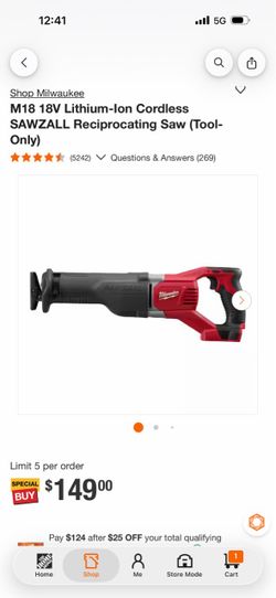 Milwaukee M18 SAWZALL Reciprocating Saw Tool-Only