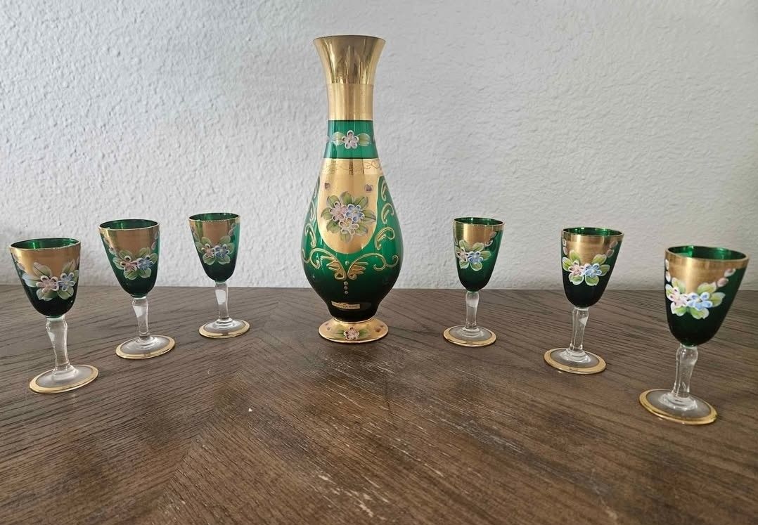 Vintage Bohemian Glass Decanter and Glasses