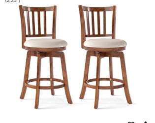 COSTWAY Barstools Set of 2, 360° Rotating Counter Height Chairs with Backrest & Upholstered Seat, Rubber Wood High Top Seats with Footrest for Dining
