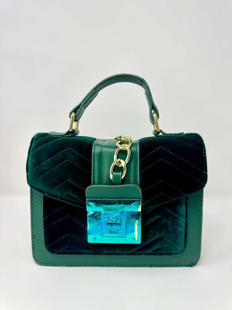 Green Faux Leather & Suede Structured Top Handle Bag with Gold Chain Accent
