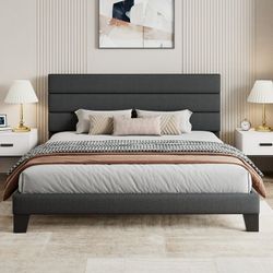 Queen Size Platform Bed Frame with Upholstered Fabric Headboard, Grey