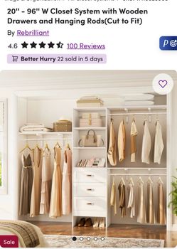 20'' - 96'' W Closet System with Wooden Drawers and Hanging Rods(Cut to Fit)