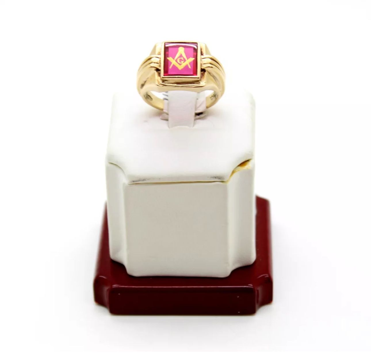 10K Yellow Gold Ruby Red Spinel Masonic Freemason Ring Size 9.5 men's.