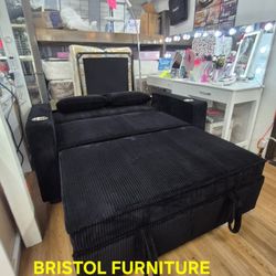 🪅 Black Corduroy Fabric Sofa,  pull out sleep area folding back cup holders and USB ports in arms