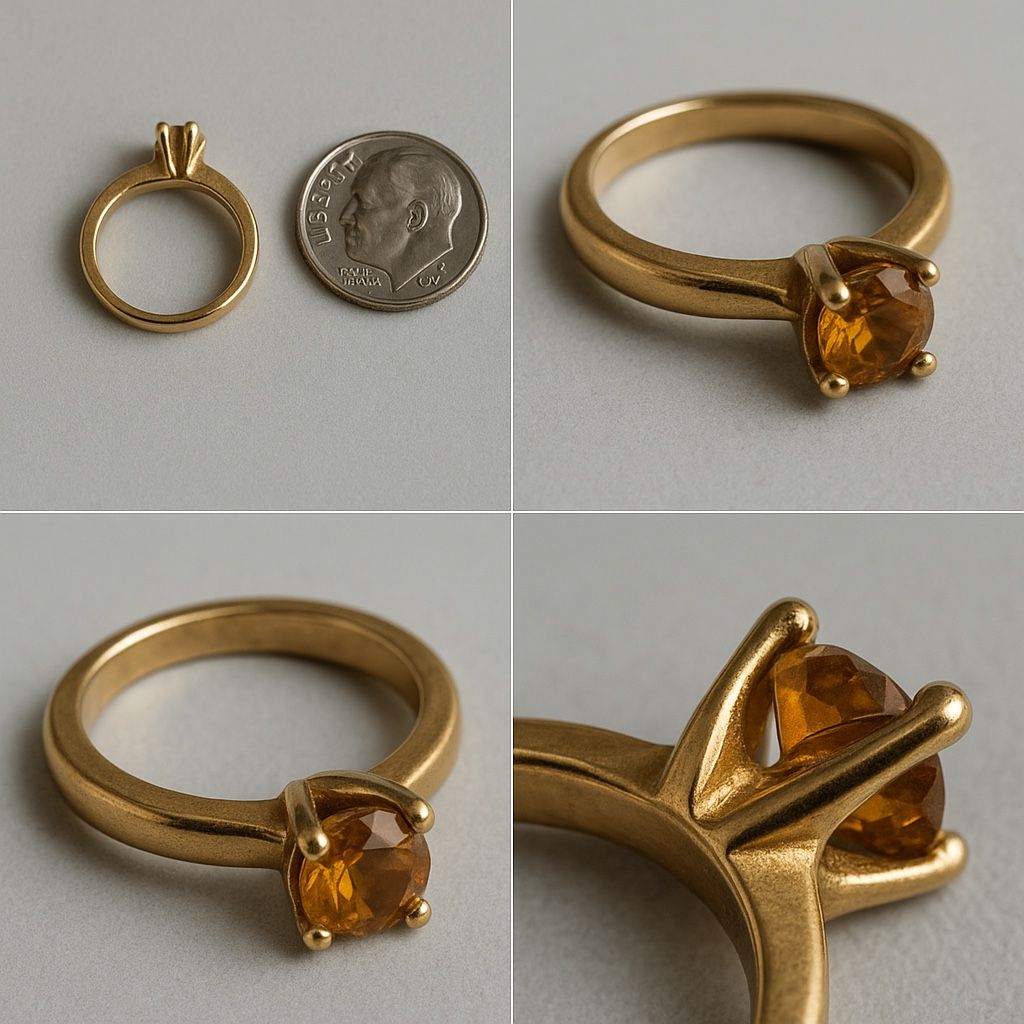 Mini Gold Solitaire Ring Charm – Amber Stone – Vintage Style This is a small gold-tone solitaire ring with an amber-colored stone, most likely intend