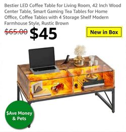New LED Light Up Coffee Table 42 Inch - Wood with Glass Top